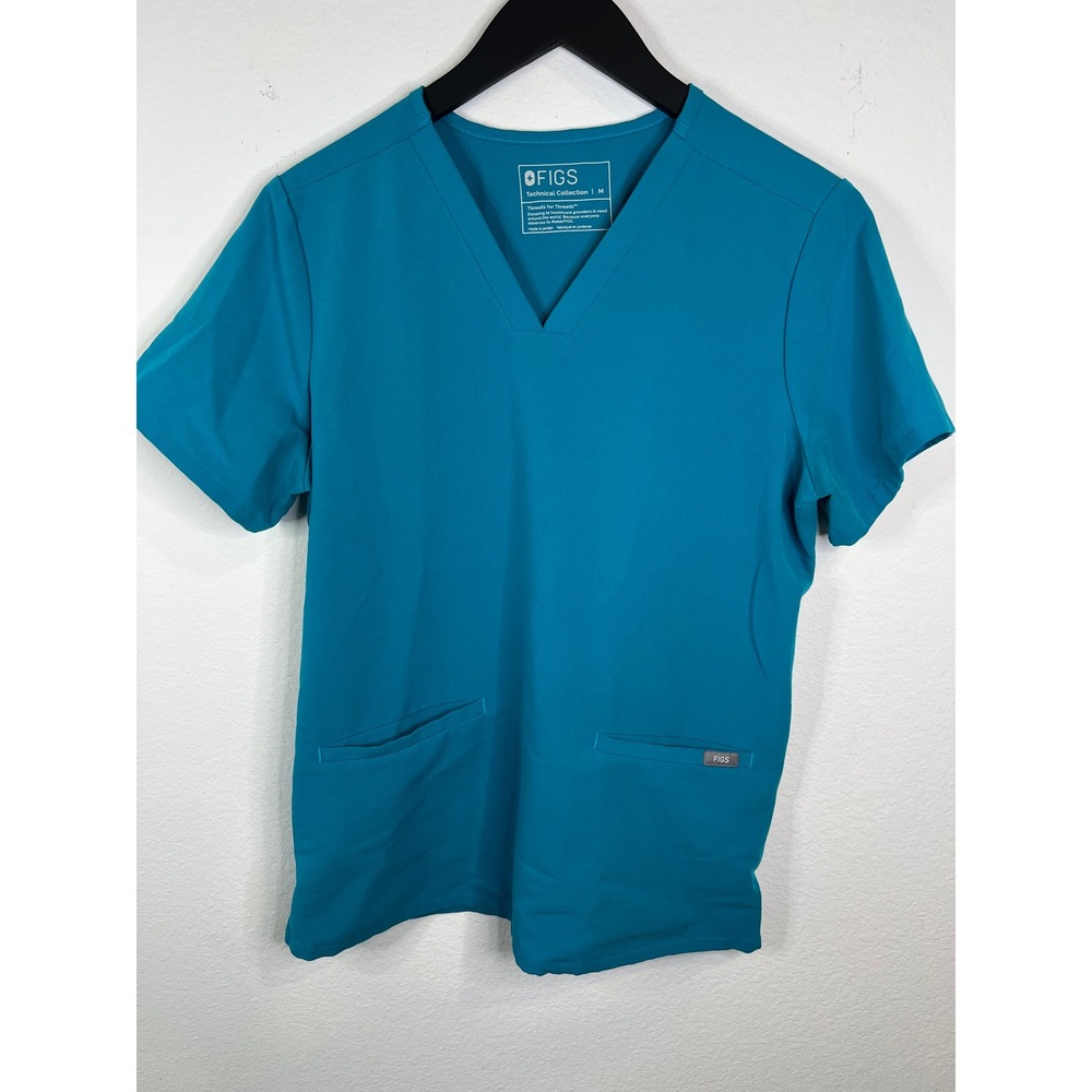 FIGS Technical Collection V-Neck Scrub Top Two Pocket Teal Blue Medium